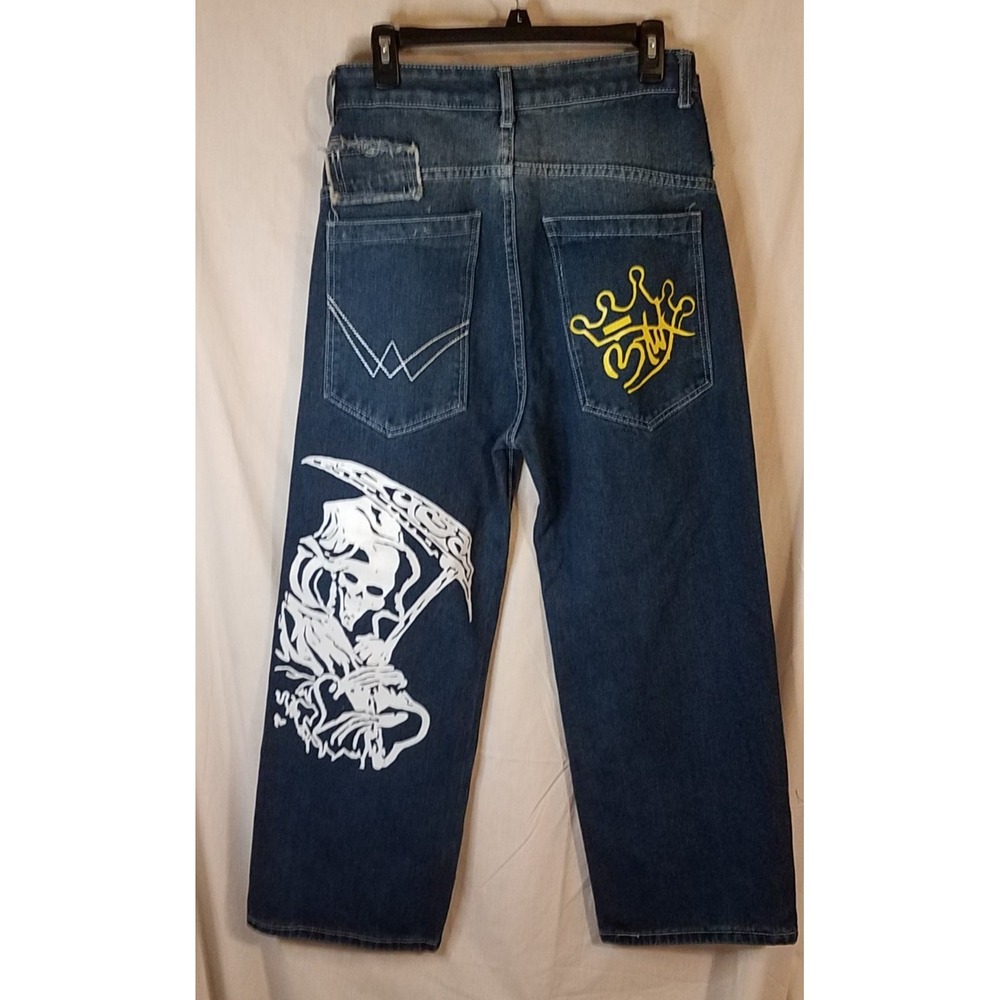Y2K Hip Hop Street Jeans Skull Print Gothic Loose Retro Wide Legs High Waist 30"